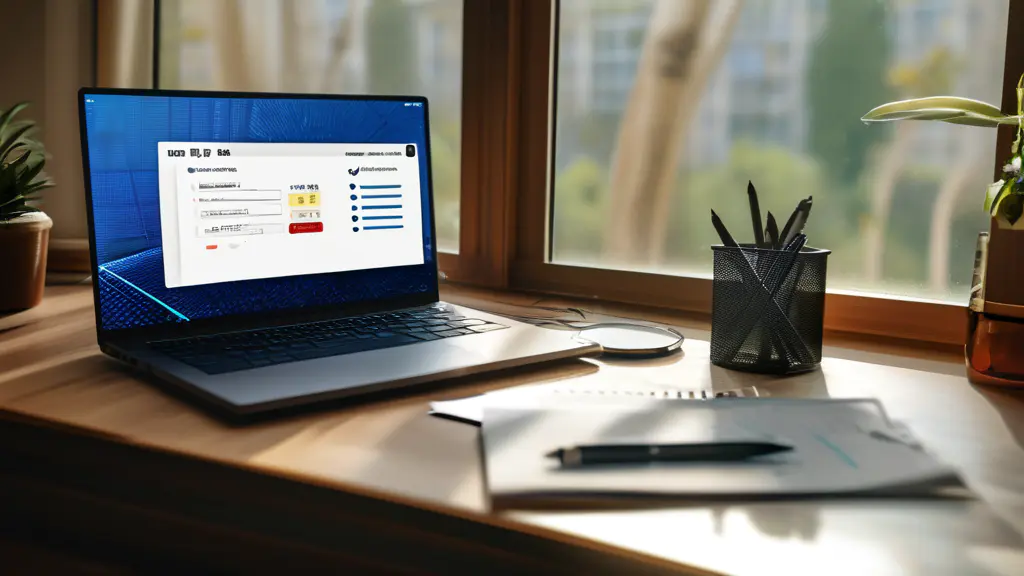 A desk with a laptop displaying Sora UI and a compliance checklist, emphasizing Chinese regulatory context, realistic style.