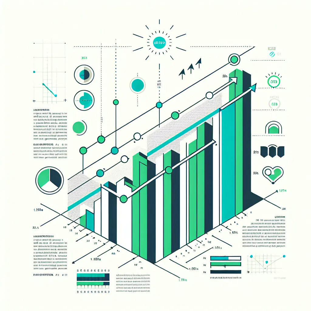 Upward trending graph with simple geometric elements, green and blue color palette, clean business infographic style, minimal design, growth concept