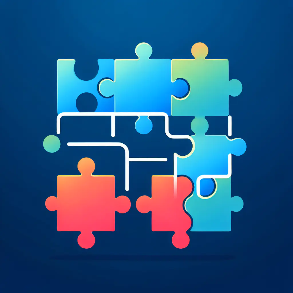 Simple puzzle pieces connecting together, gradient blue background, clean flat design, business solution concept, minimalist style, success concept