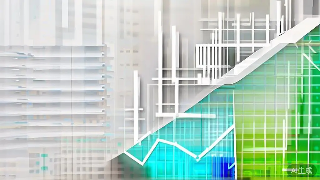 "Upward trending graph with simple geometric elements, green and blue color palette, clean business infographic style, minimal design, growth concept"