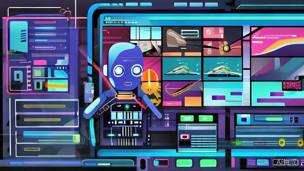 "Flat vector illustration of AI in post-production, showing video editing tools and automated processes"