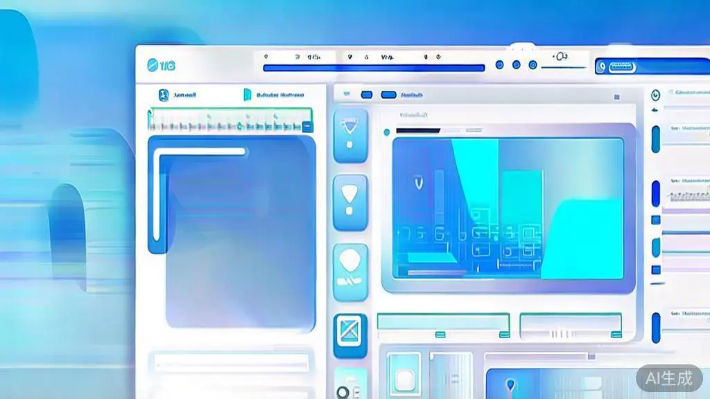 Flat vector illustration of AI technology in video editing, dashboard style, soft blue gradient