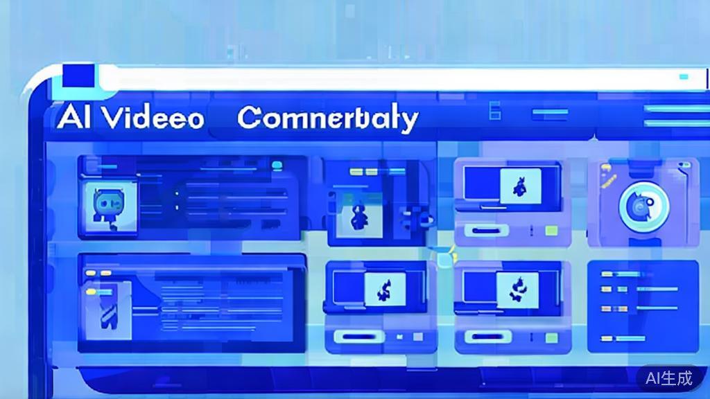 "Flat vector illustration of the future of AI tools in video commentary, dashboard style, soft blue gradient"