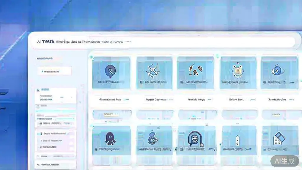 Flat vector illustration of AI tools selection process, dashboard style, soft blue gradient