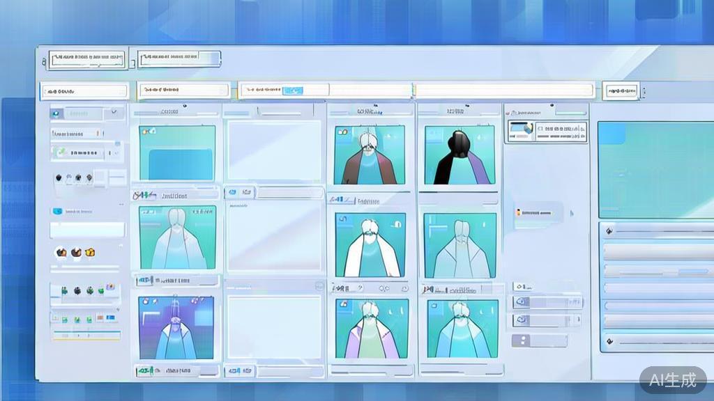 Flat vector illustration of AI-generated character design process for animation, dashboard style, soft blue gradient