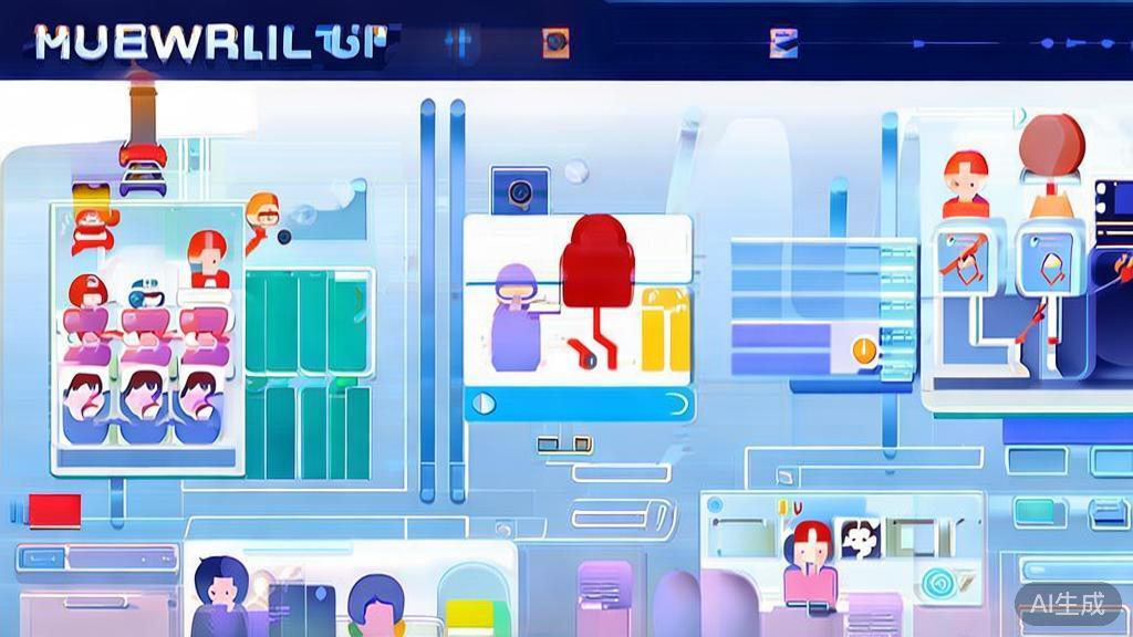 Flat vector illustration of virtual characters interacting with users in augmented reality, dashboard style, soft blue gradient