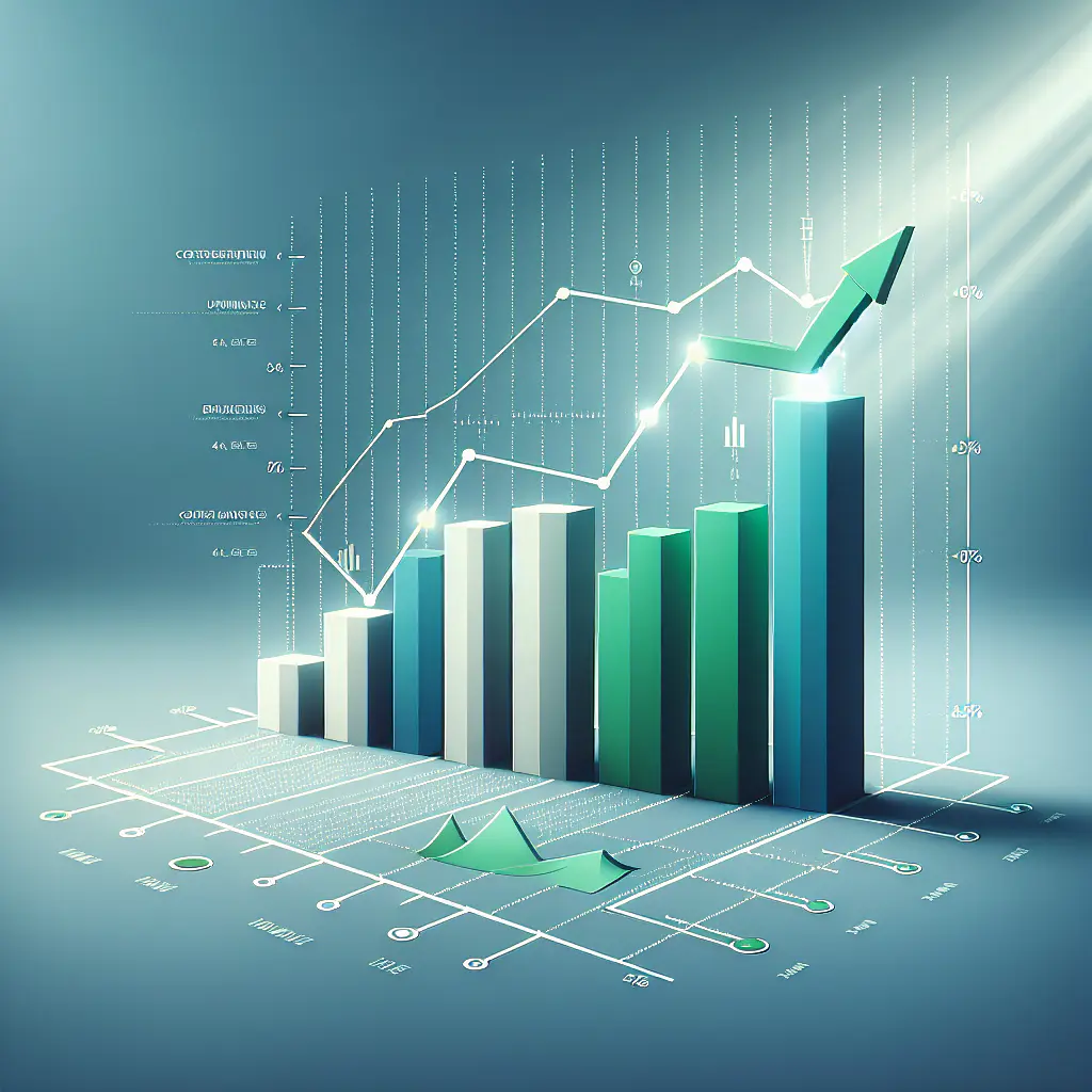 "Upward trending graph with simple geometric elements, green and blue color palette, clean business infographic style, minimal design, growth concept"