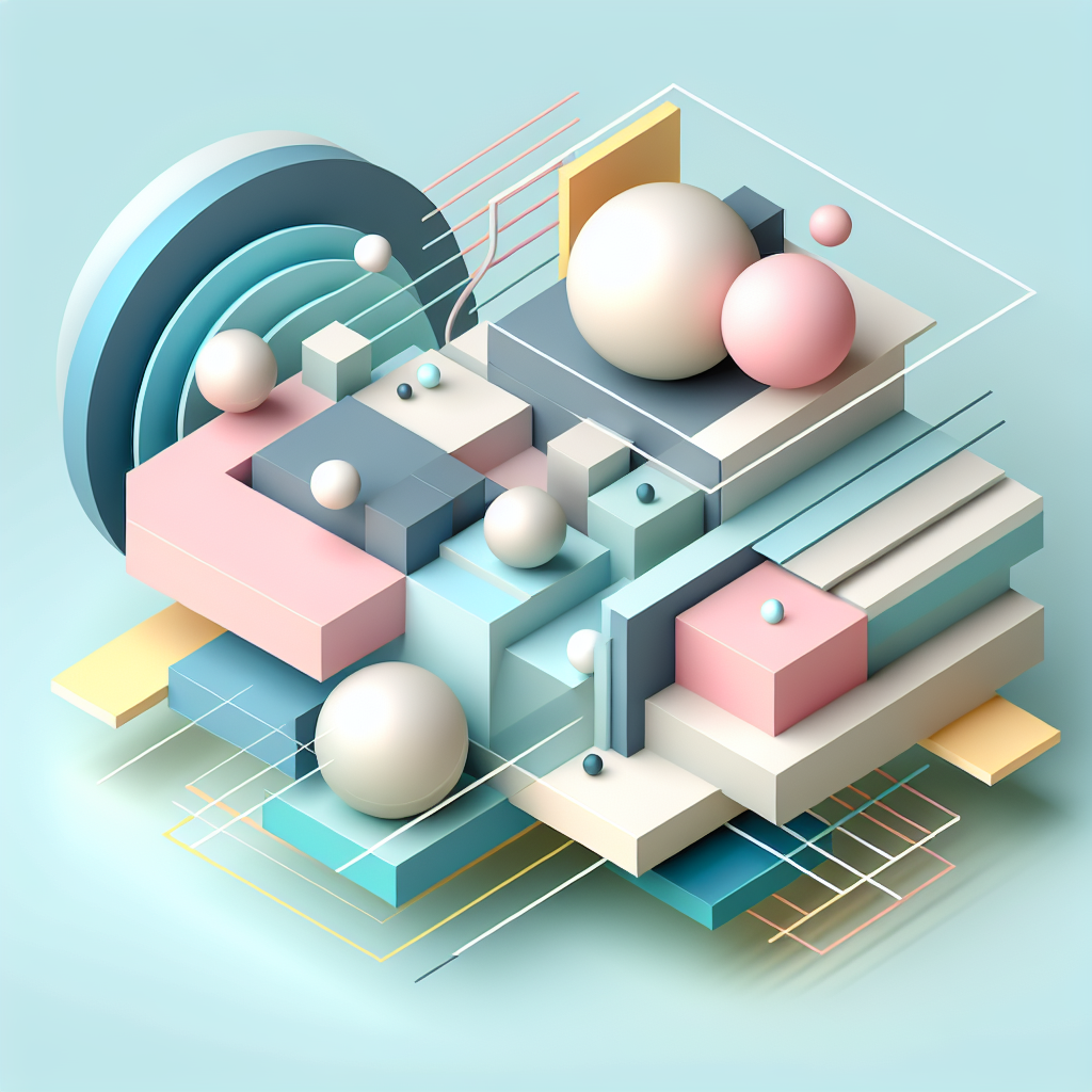 "Abstract geometric composition with overlapping shapes, soft pastel colors, modern minimal style, professional business concept illustration, 3d render isometric"
