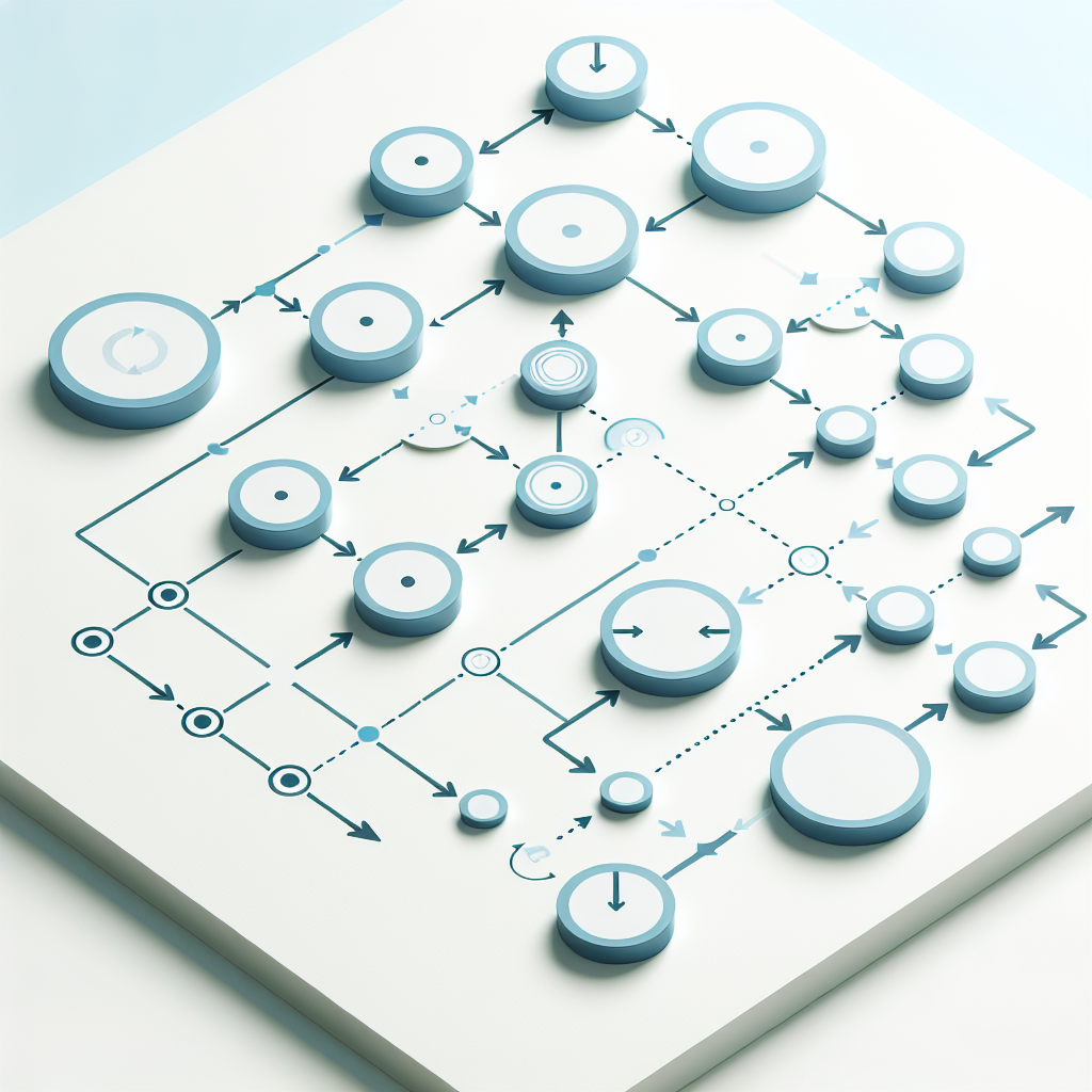 "Simple flowchart illustration with connected circles and arrows, light blue and white color scheme, clean minimal design, business presentation style, infographic element"