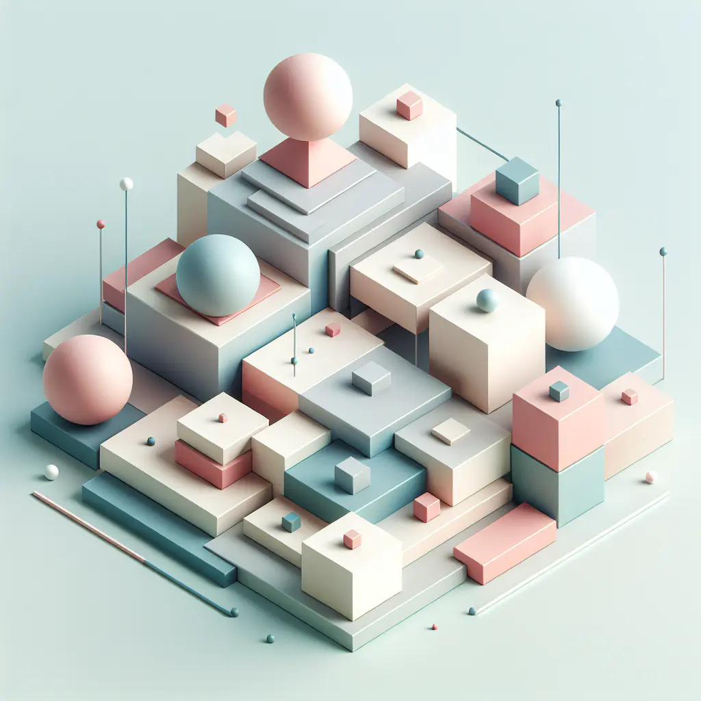 Abstract geometric composition with overlapping shapes, soft pastel colors, modern minimal style, professional business concept illustration, 3d render isometric