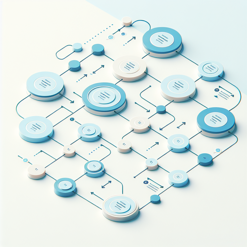 "Simple flowchart illustration with connected circles and arrows, light blue and white color scheme, clean minimal design, business presentation style, infographic element"