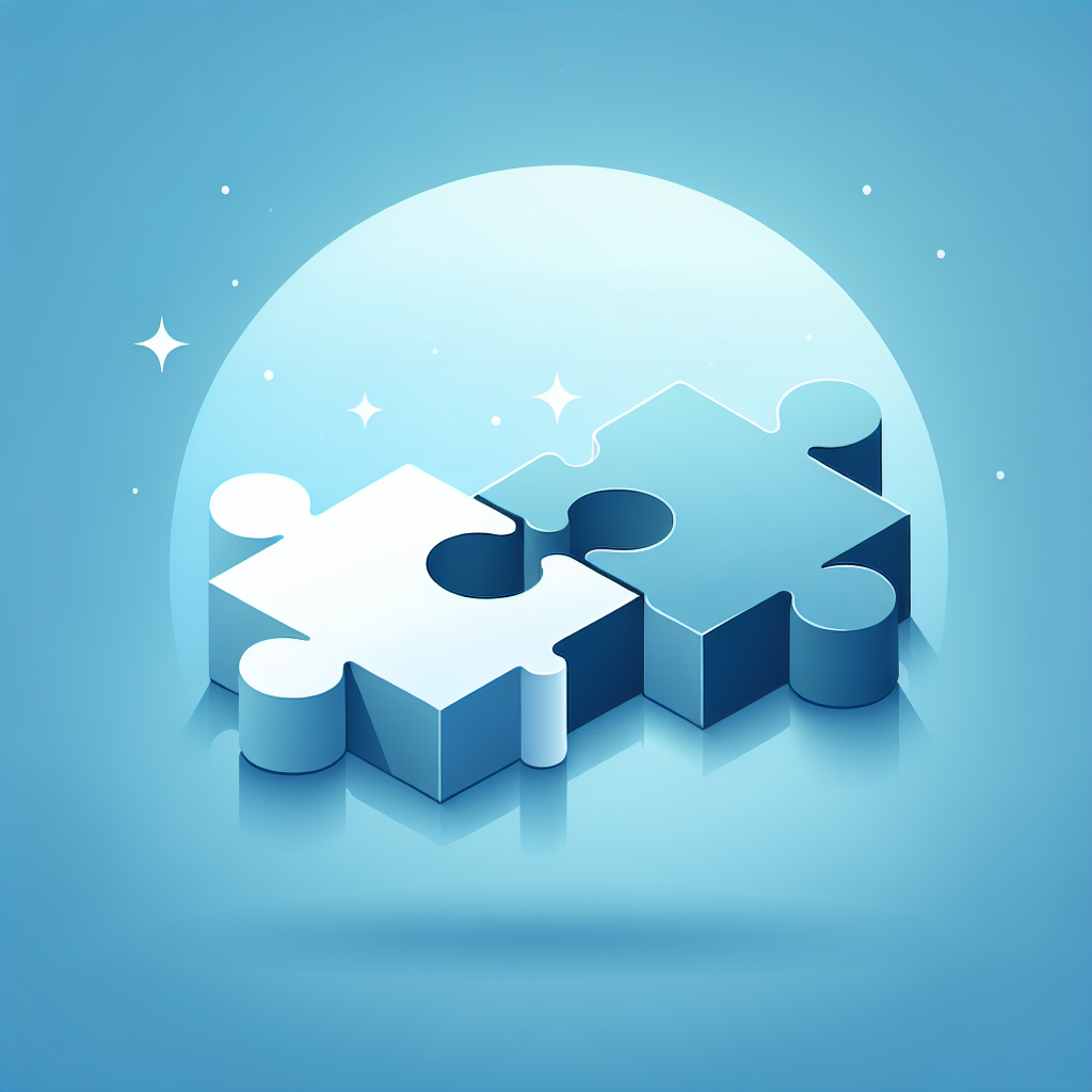 "Simple puzzle pieces connecting together, gradient blue background, clean flat design, business solution concept, minimalist style, success concept"