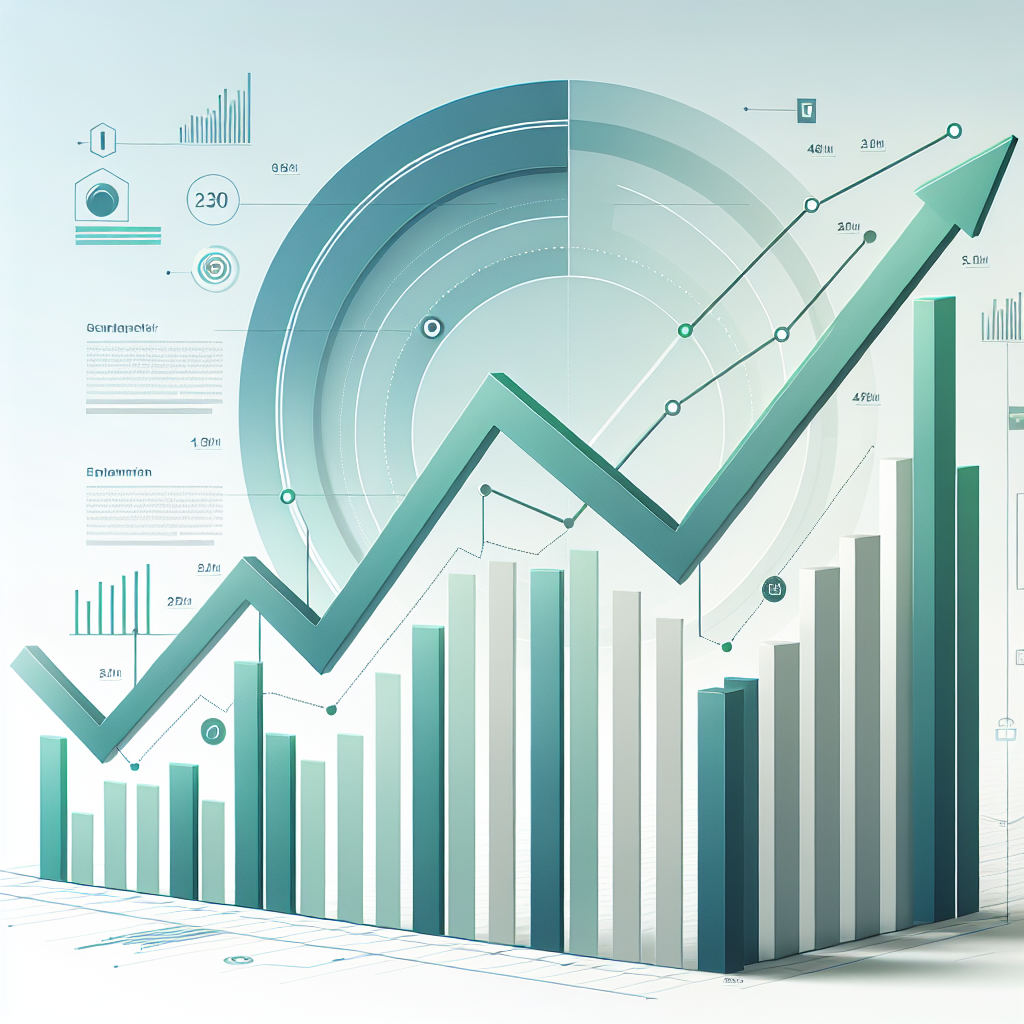 "Upward trending graph with simple geometric elements, green and blue color palette, clean business infographic style, minimal design, growth concept"