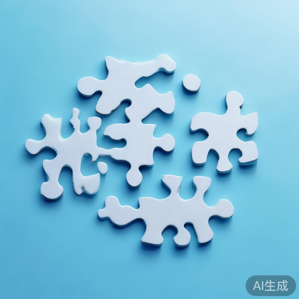 Simple puzzle pieces connecting together, gradient blue background, clean flat design, business solution concept, minimalist style, success concept
