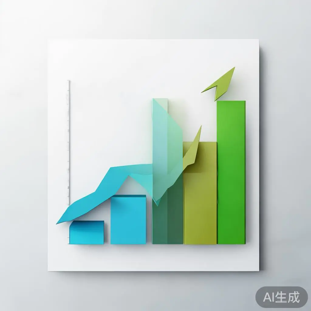"Upward trending graph with simple geometric elements, green and blue color palette, clean business infographic style, minimal design, growth concept"