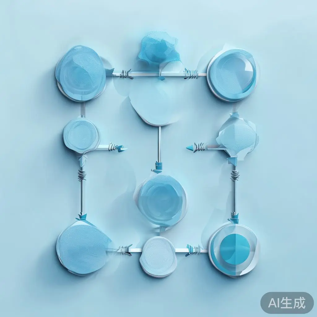 "Simple flowchart illustration with connected circles and arrows, light blue and white color scheme, clean minimal design, business presentation style, infographic element"