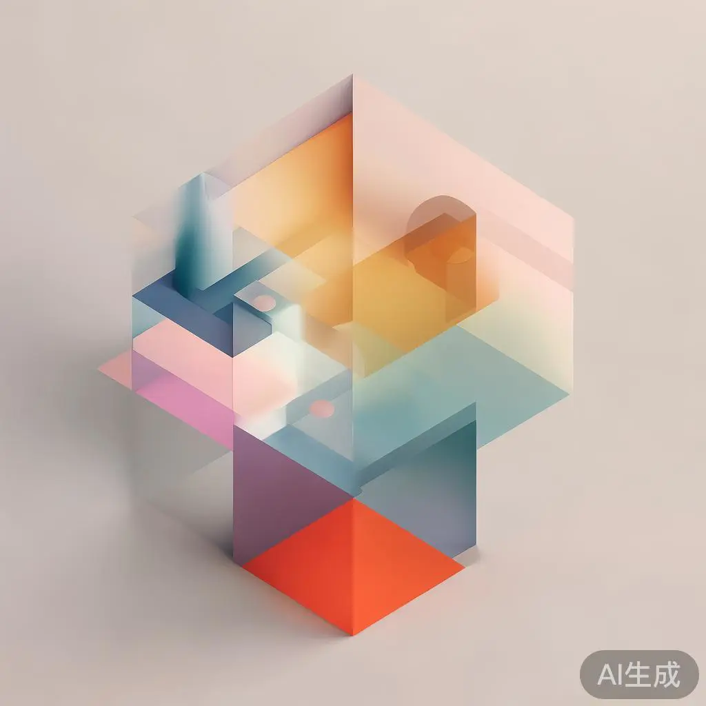"Abstract geometric composition with overlapping shapes, soft pastel colors, modern minimal style, professional business concept illustration, 3d render isometric"