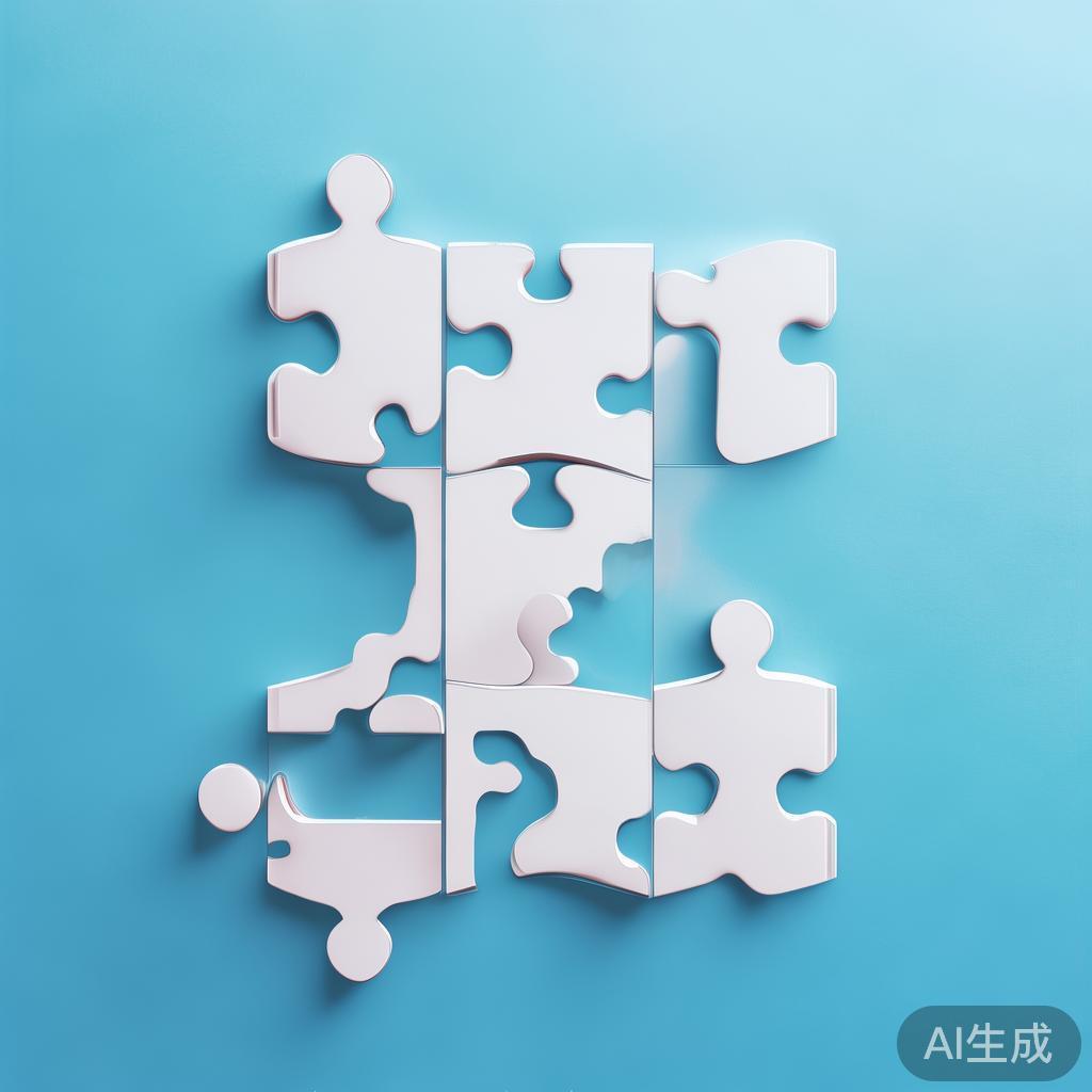 Simple puzzle pieces connecting together, gradient blue background, clean flat design, business solution concept, minimalist style, success concept