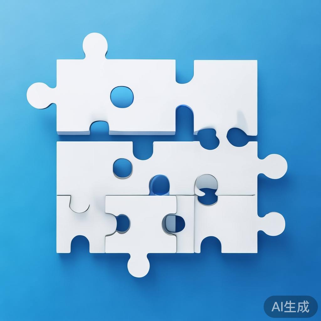 Simple puzzle pieces connecting together, gradient blue background, clean flat design, business solution concept, minimalist style, success concept