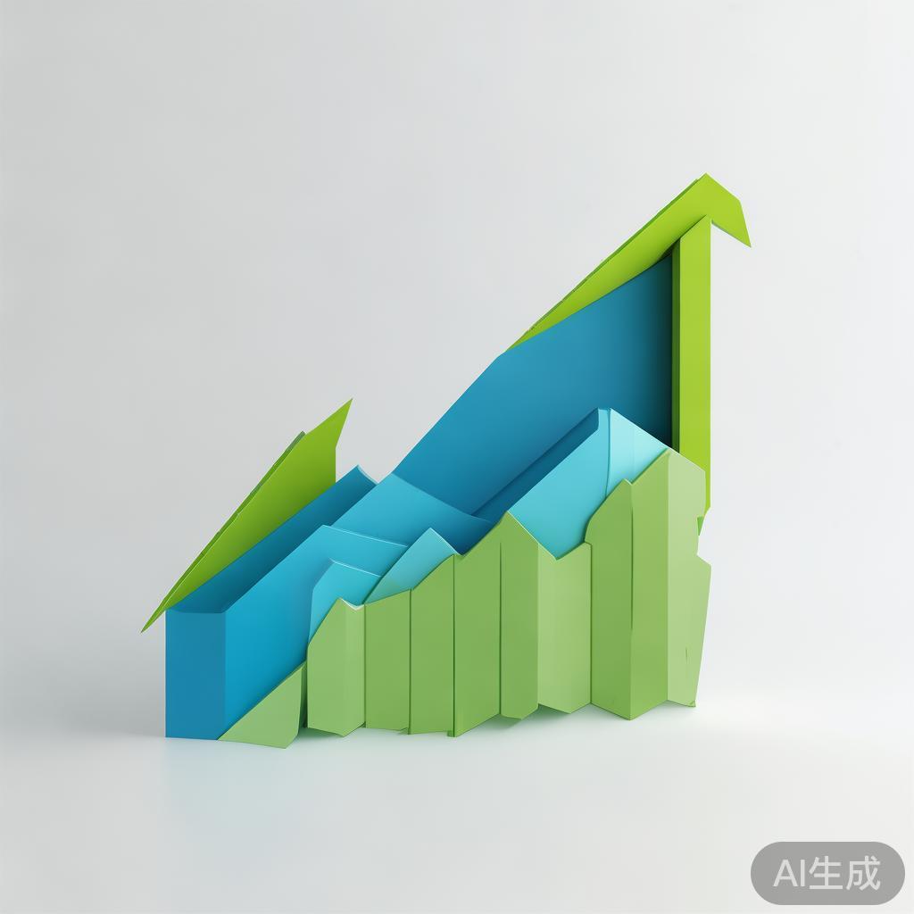 Upward trending graph with simple geometric elements, green and blue color palette, clean business infographic style, minimal design, growth concept