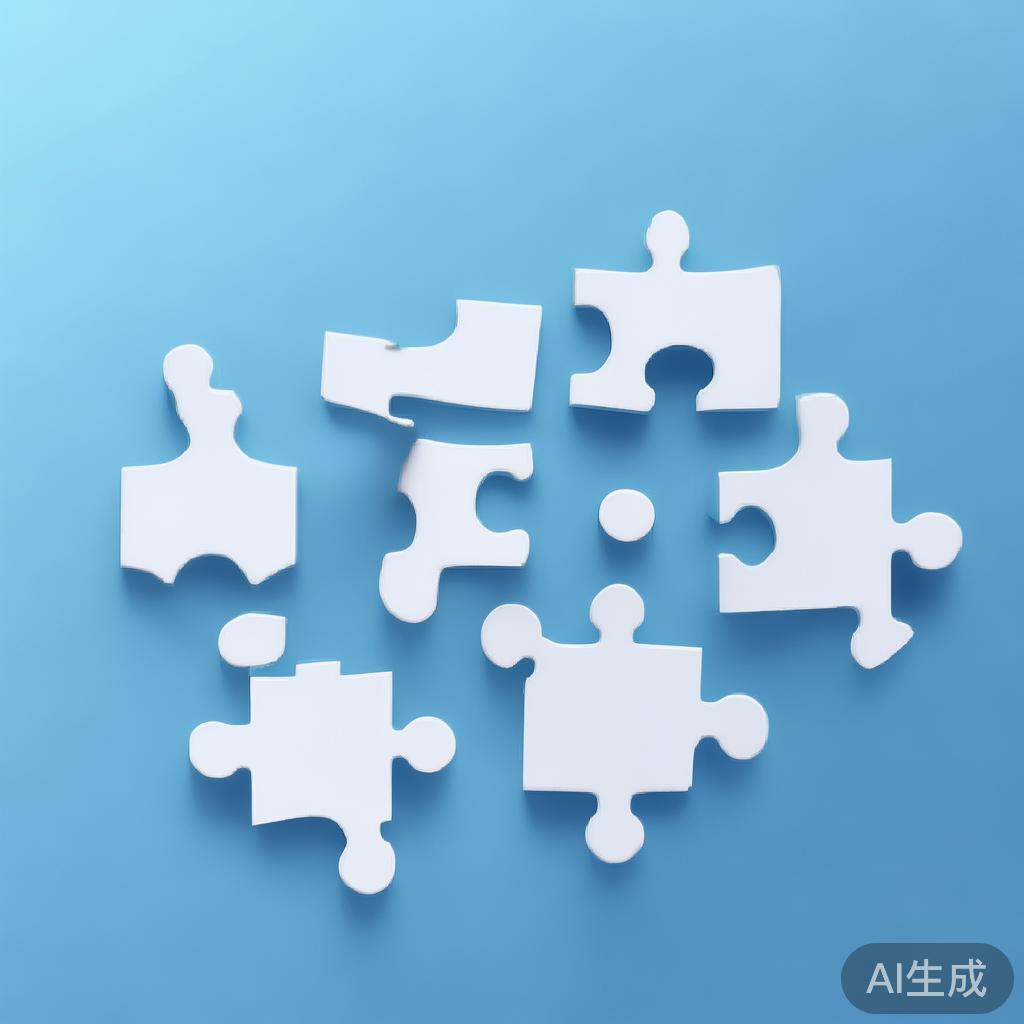 Simple puzzle pieces connecting together, gradient blue background, clean flat design, business solution concept, minimalist style, success concept