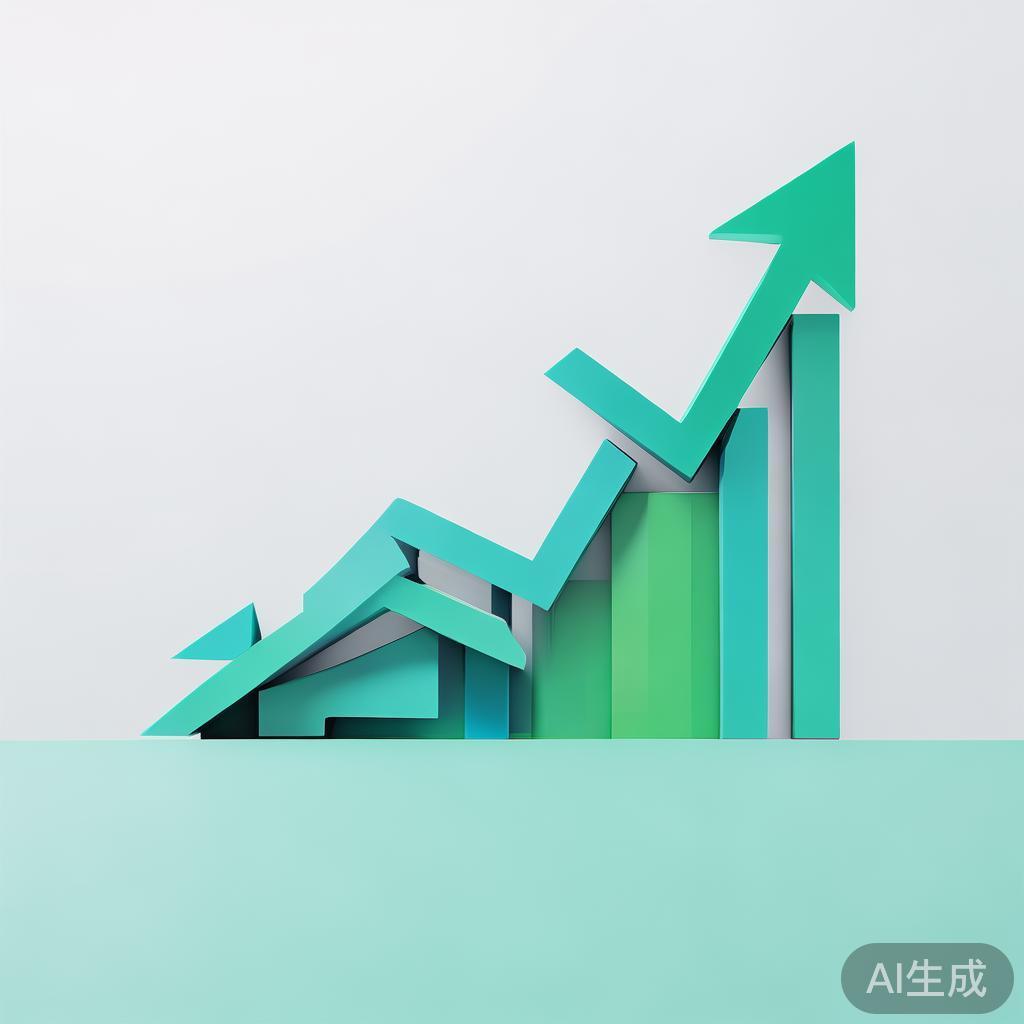 "Upward trending graph with simple geometric elements, green and blue color palette, clean business infographic style, minimal design, growth concept"
