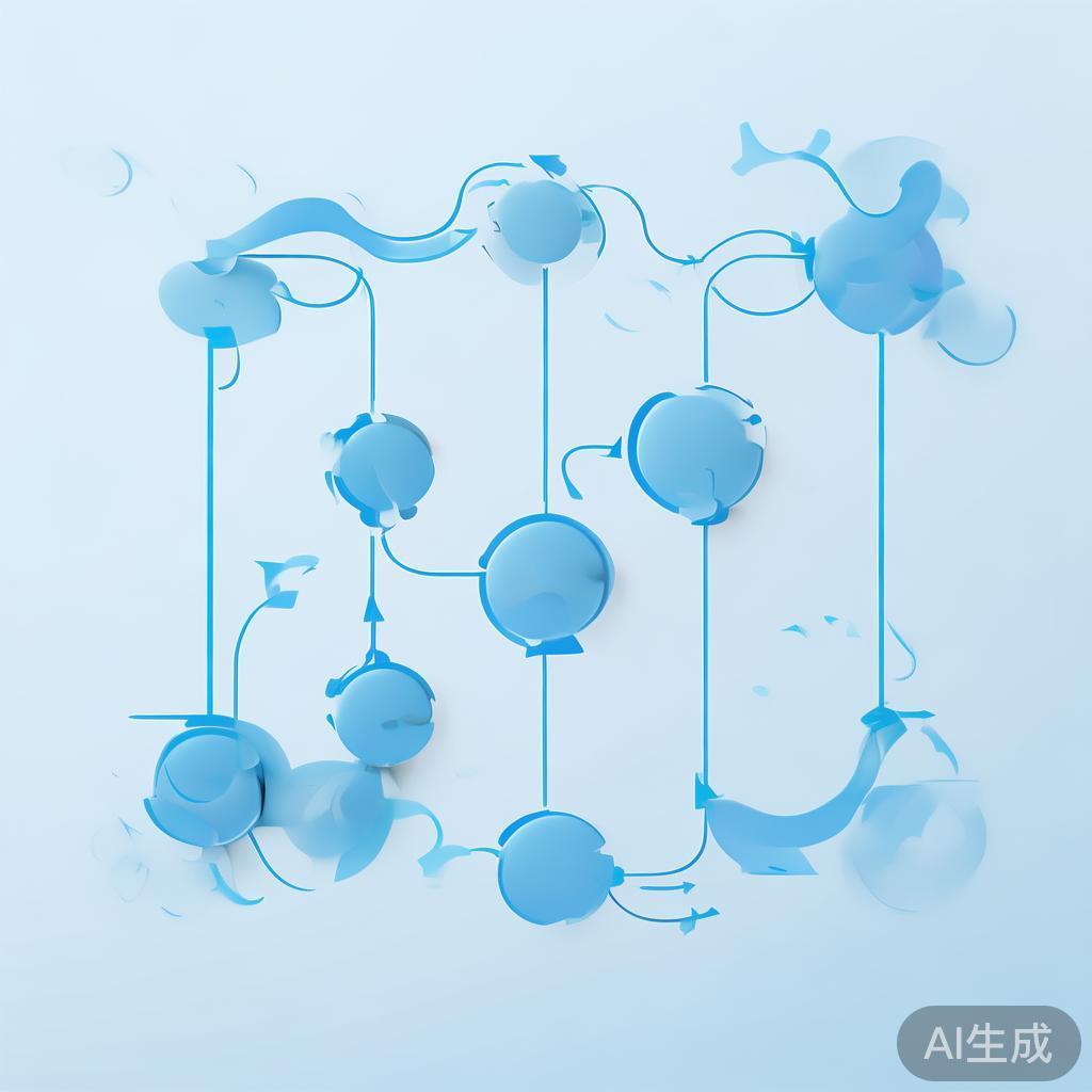 "Simple flowchart illustration with connected circles and arrows, light blue and white color scheme, clean minimal design, business presentation style, infographic element"