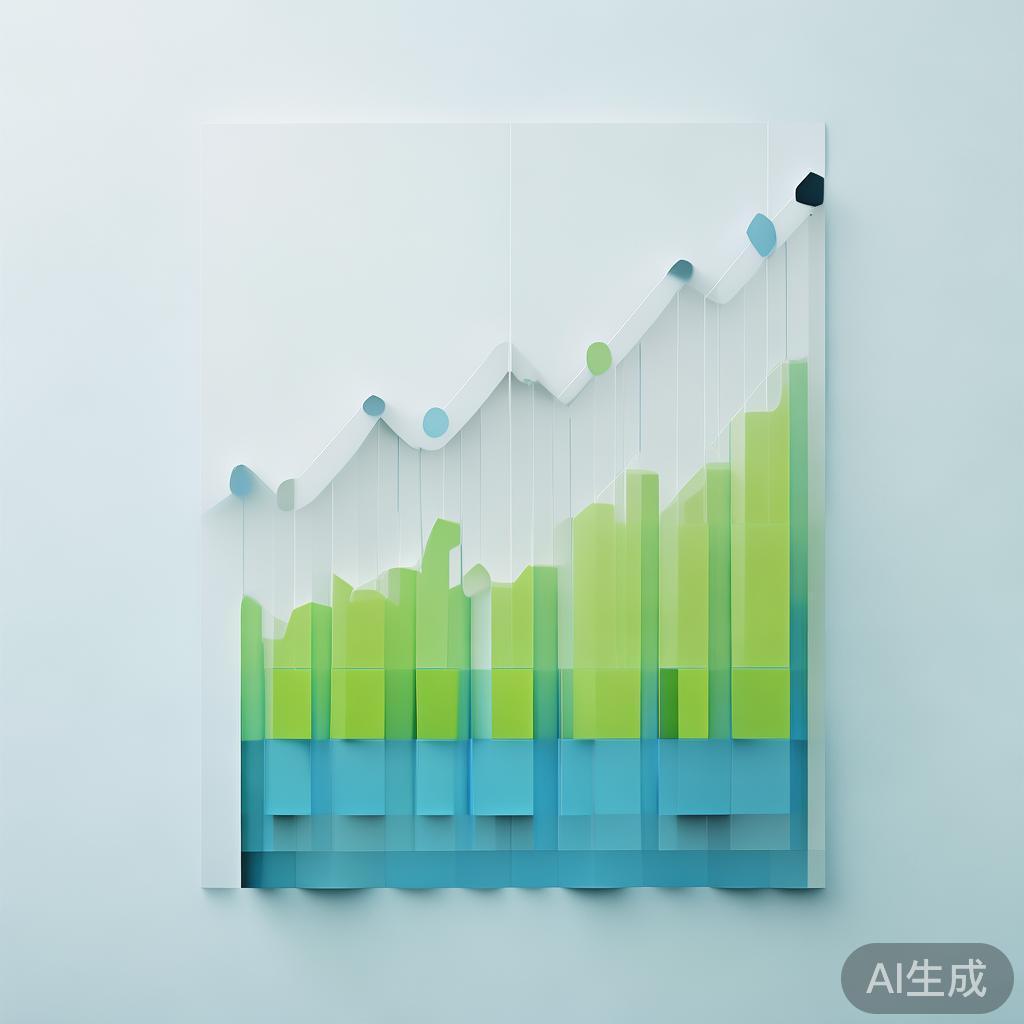 "Upward trending graph with simple geometric elements, green and blue color palette, clean business infographic style, minimal design, growth concept"