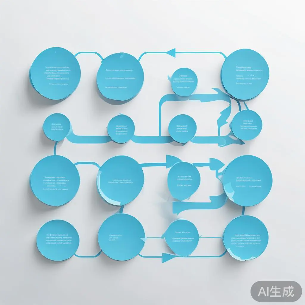 "Simple flowchart illustration with connected circles and arrows, light blue and white color scheme, clean minimal design, business presentation style, infographic element"