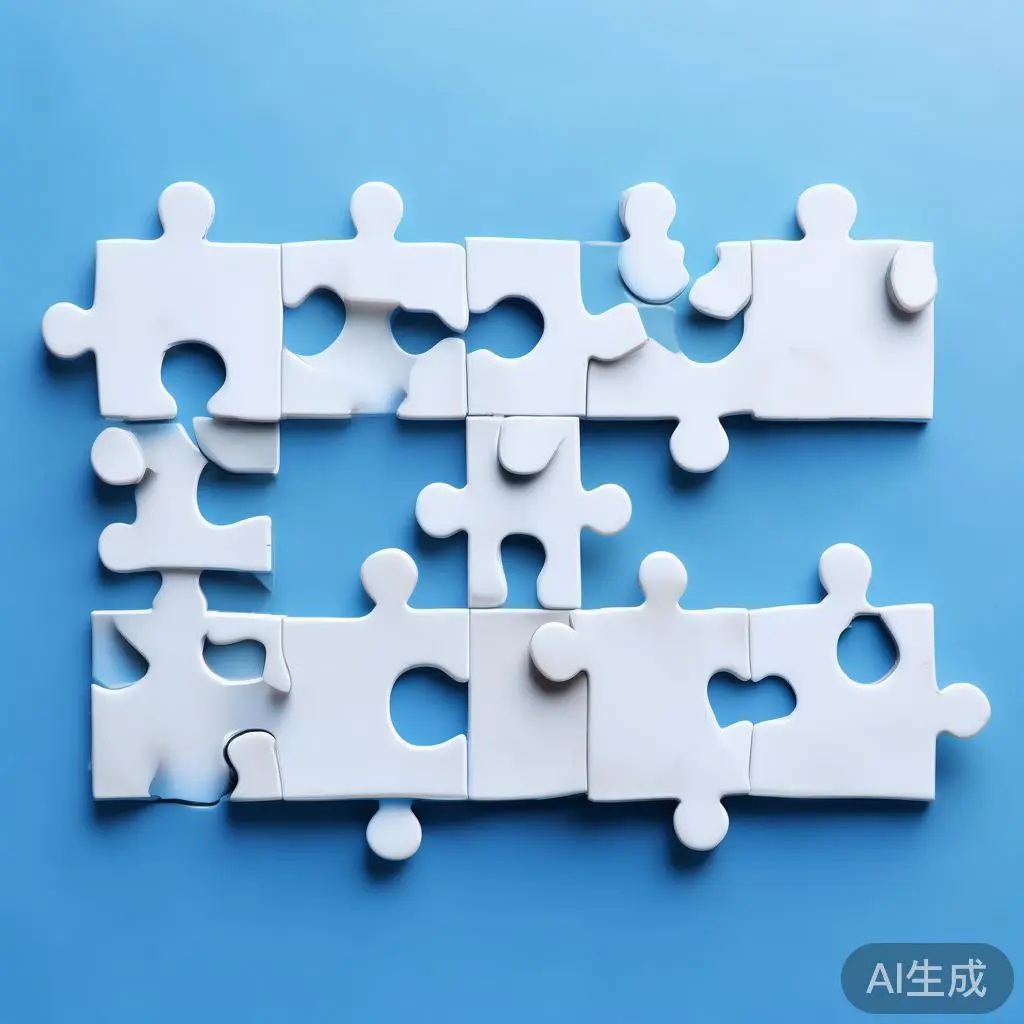 Simple puzzle pieces connecting together, gradient blue background, clean flat design, business solution concept, minimalist style, success concept