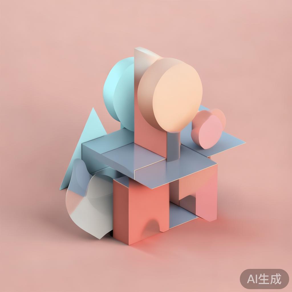Abstract geometric composition with overlapping shapes, soft pastel colors, modern minimal style, professional business concept illustration, 3d render isometric