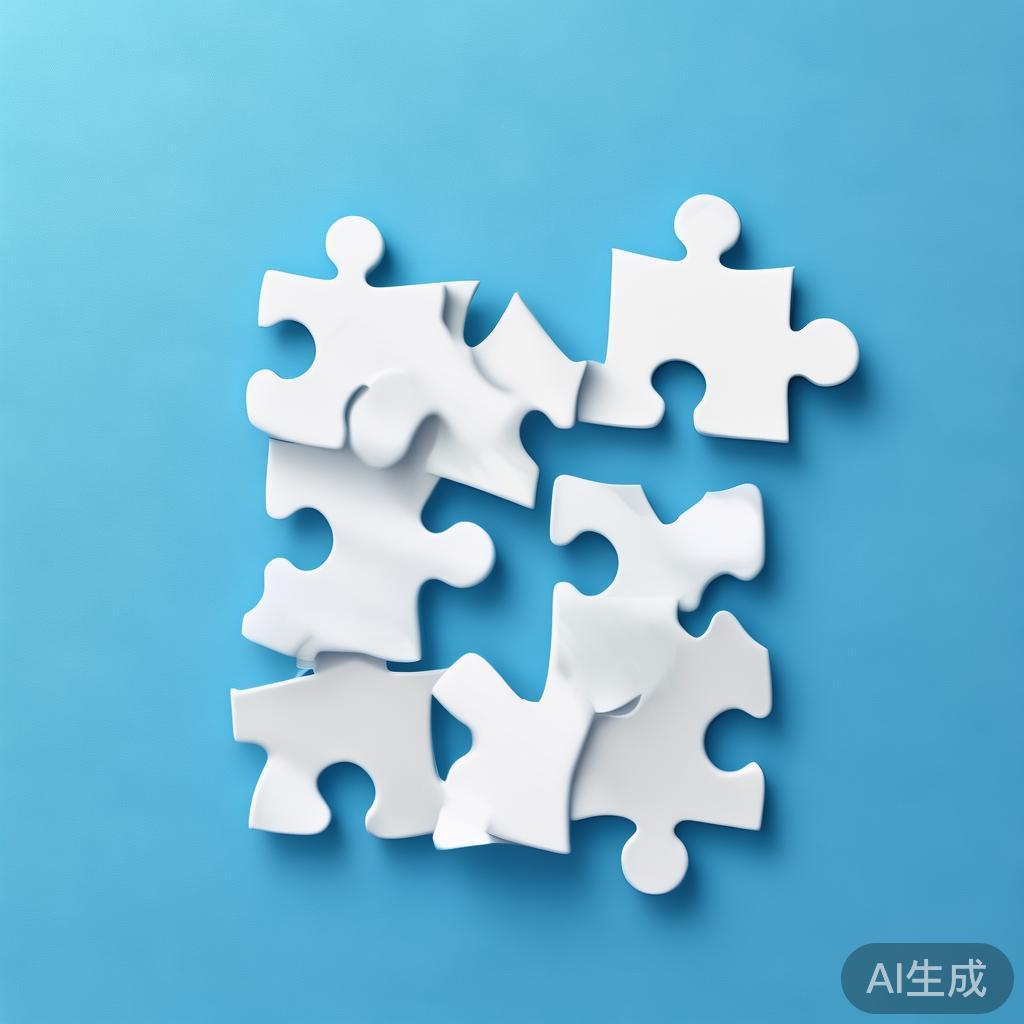 "Simple puzzle pieces connecting together, gradient blue background, clean flat design, business solution concept, minimalist style, success concept"