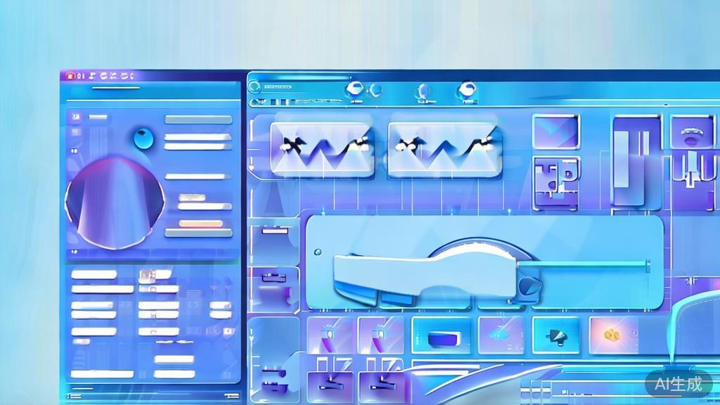 Flat vector illustration of virtual reality and animation software integration, dashboard style, soft blue gradient