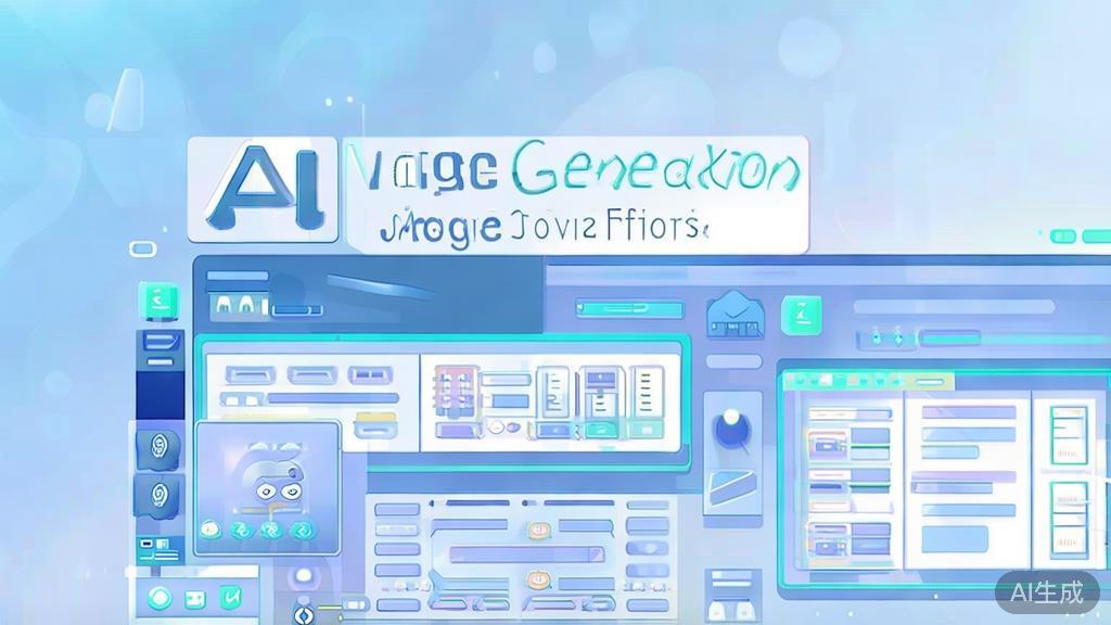 Flat vector illustration of AI生图软件 in use, dashboard style, soft blue gradient