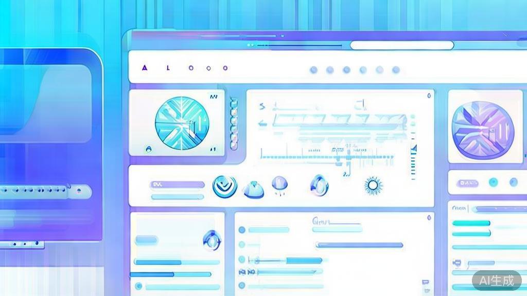 Flat vector illustration of AI video software dashboard, dashboard style, soft blue gradient