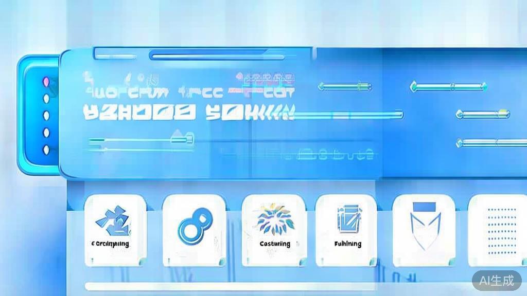 Flat vector illustration of a comprehensive platform for short film production, dashboard style, soft blue gradient