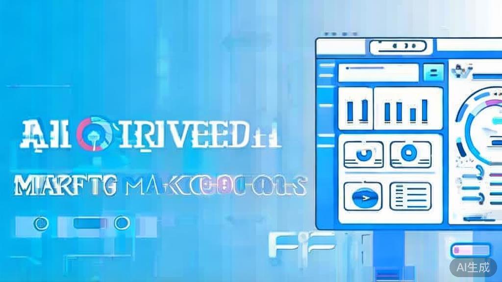 "Flat vector illustration of AI-driven marketing strategies, dashboard style, soft blue gradient"