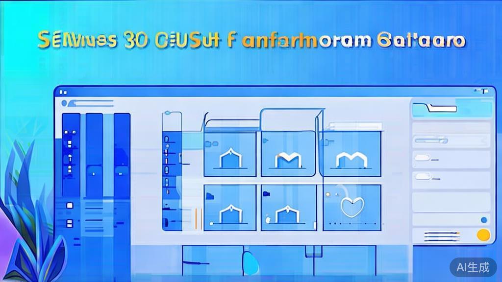 "Flat vector illustration of SEMrush features, dashboard style, soft blue gradient"