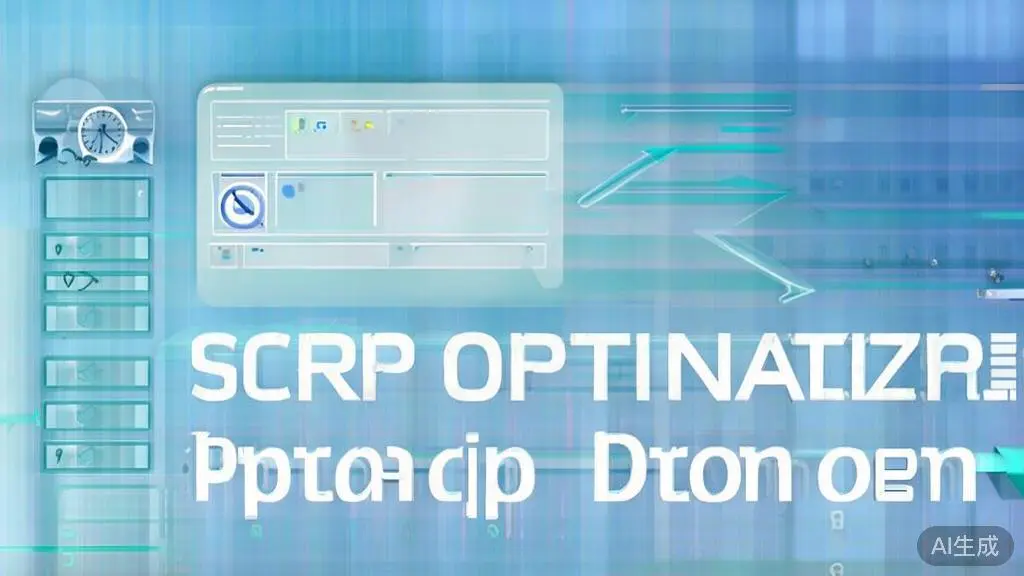 "Flat vector illustration of script optimization process, dashboard style, soft blue gradient"