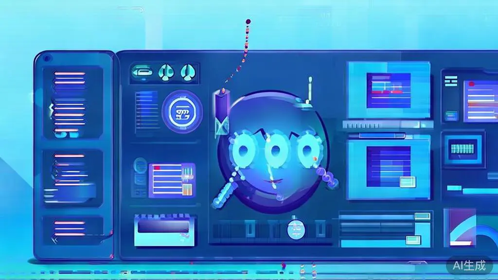 Flat vector illustration of AI generating scripts, dashboard style, soft blue gradient