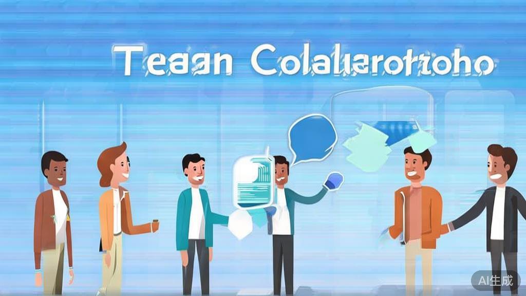 "Flat vector illustration of using file sharing in team collaboration, soft blue gradient"