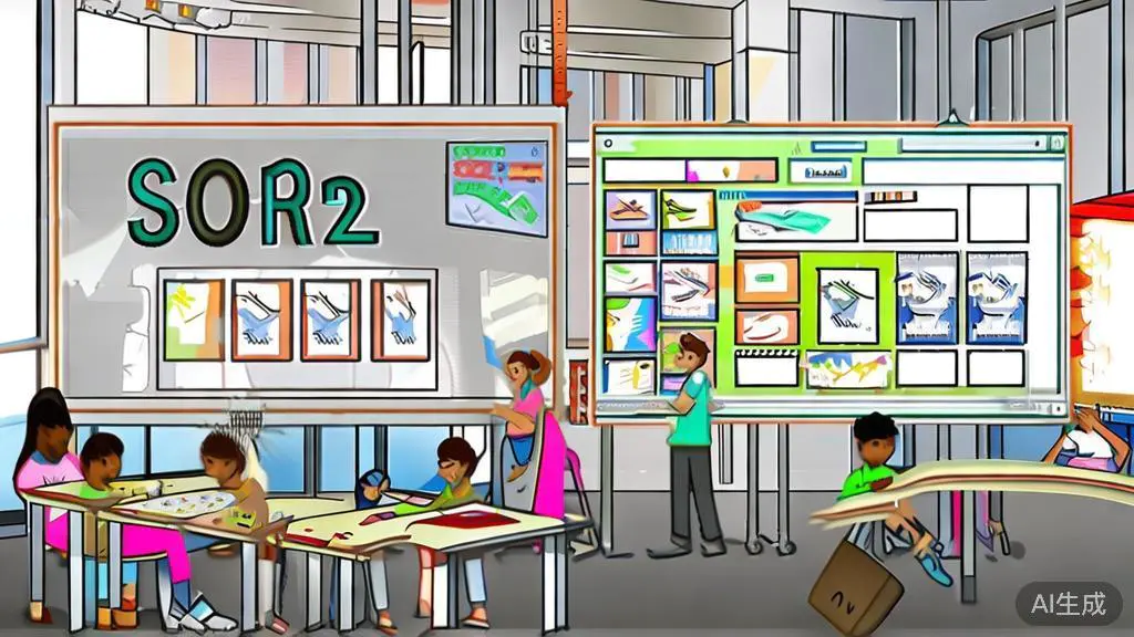 "Illustration of a classroom using SORA2 for educational purposes, showing students engaged in creative activities"