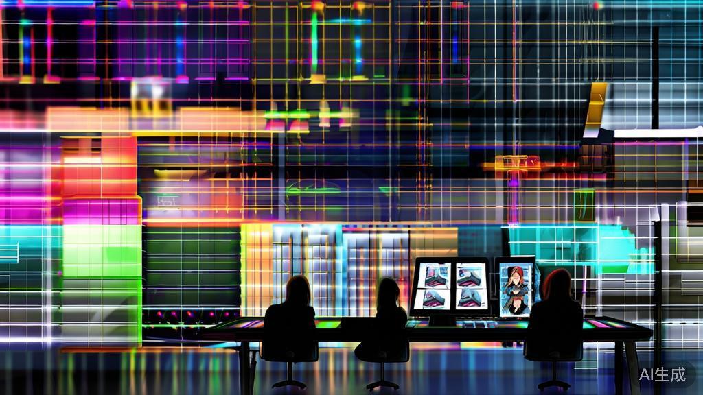 High-quality business illustration regarding digital anime production, featuring modern tools and vibrant effects