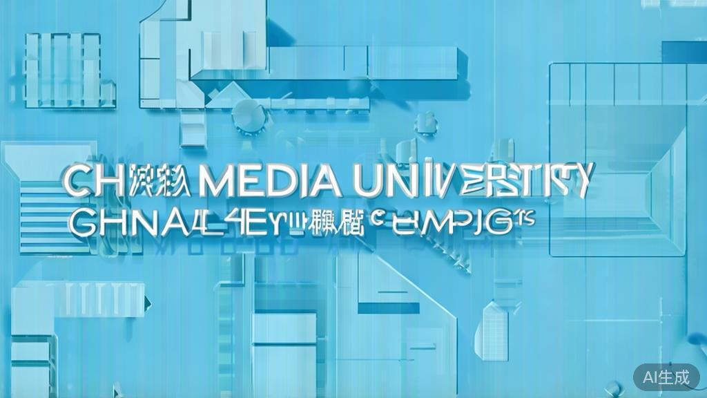 "Flat vector illustration of China Media University, dashboard style, soft blue gradient"