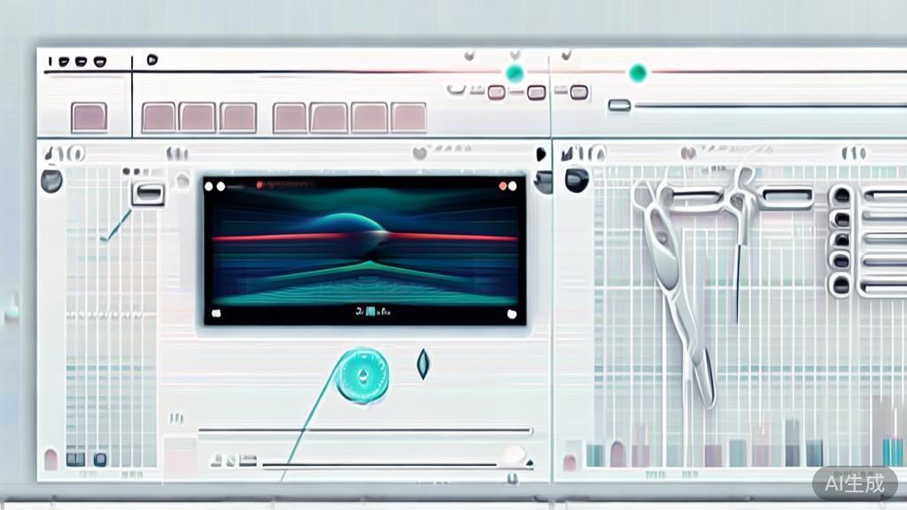 "Minimalist vector illustration of video editing process with software interface and editing tools, high quality"
