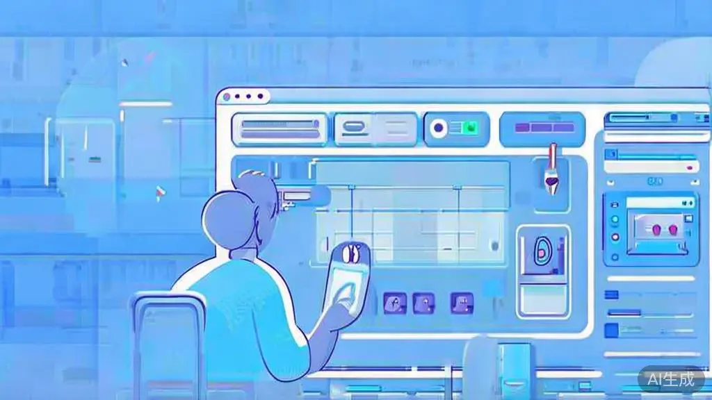 "Flat vector illustration of a person editing an animated video, dashboard style, soft blue gradient"