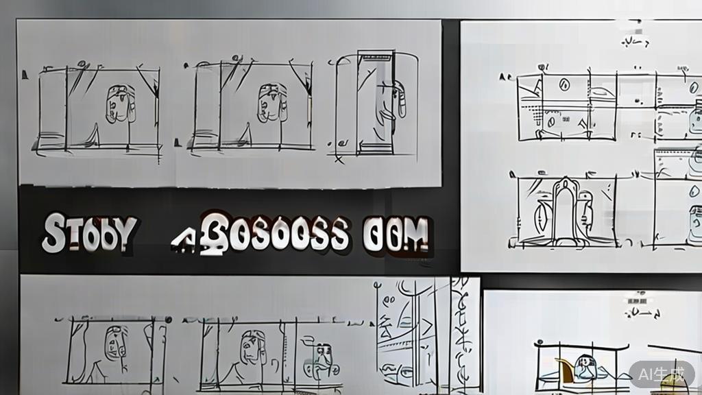 Illustration of a storyboard and character design process, showing sketches and scene layouts, high-quality minimal flat design
