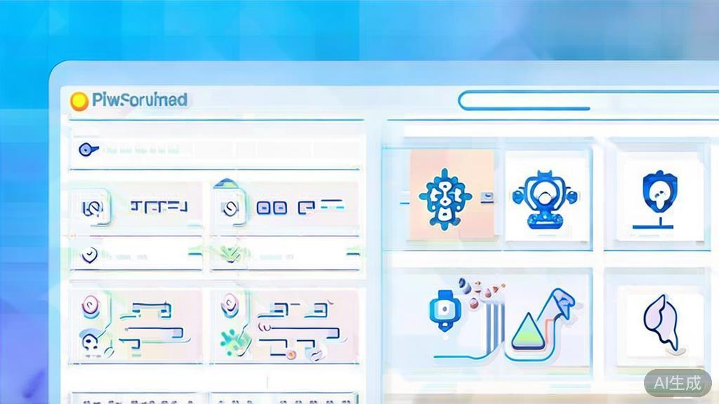 Flat vector illustration of choosing AI software, dashboard style, soft blue gradient