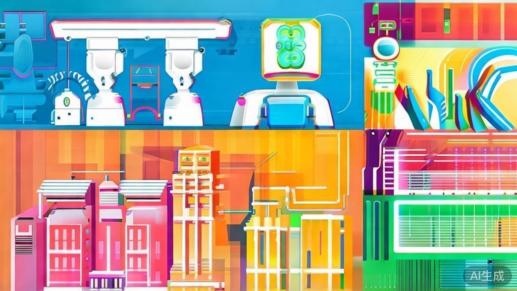 High-quality illustration showing diverse applications of AI animation in various industries, minimal flat design