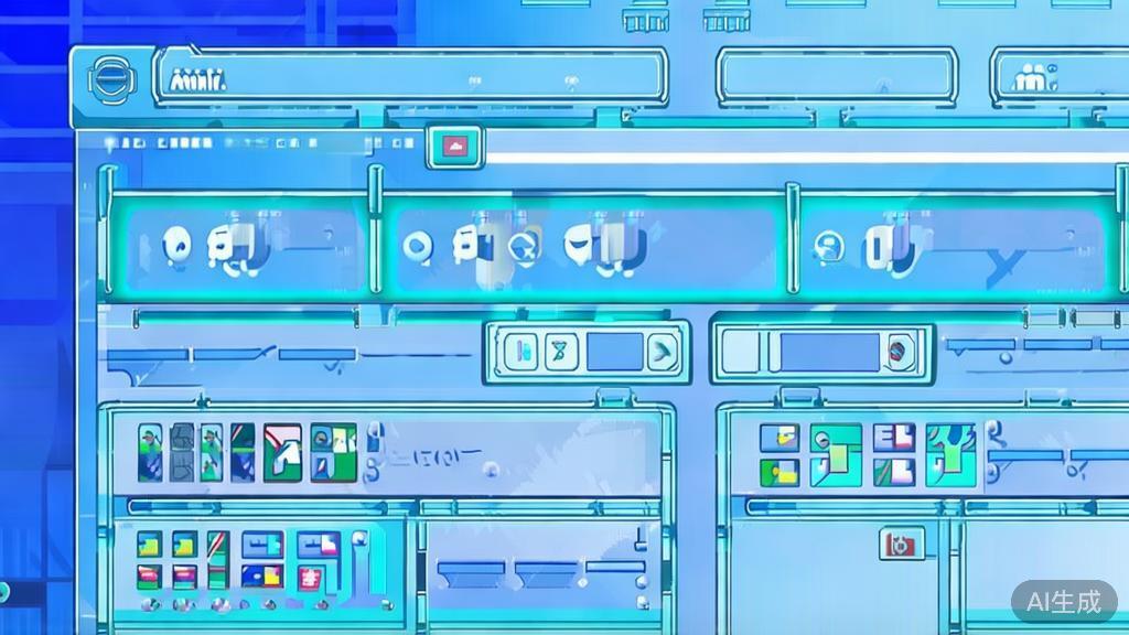 Flat vector illustration of AI动漫制作 process, dashboard style, soft blue gradient